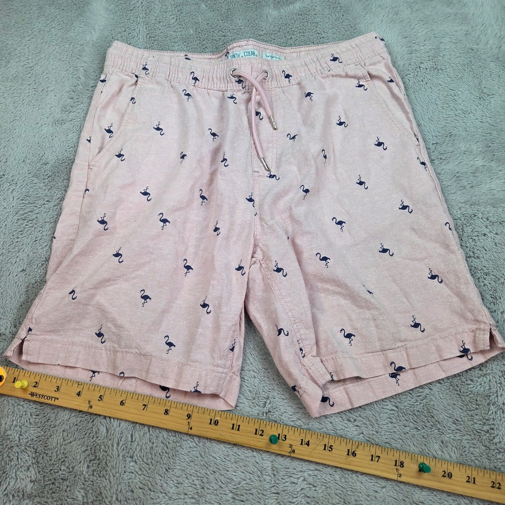 Tenth + Ocean Linen Flamingo Shorts Men L Short Pants Drawstring Elastic Pink